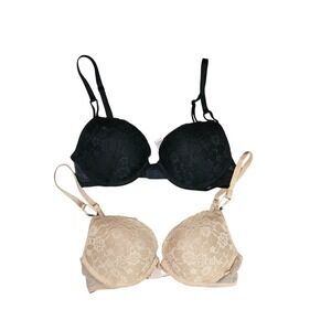 Victoria's Secret 32C Push-Up Bra Lot of 2 Black Beige Floral Lace Underwire